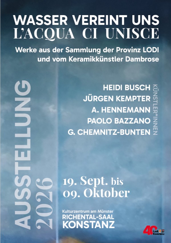 Stadt Konstanz Plakat zur Ausstellung. Text auf blauem, strukturiertem Grund